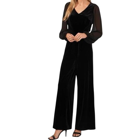 CeCe Black Velvet Tie Front Jumpsuit Size XL New without Tag MSRP $99 SOO - Picture 1 of 7